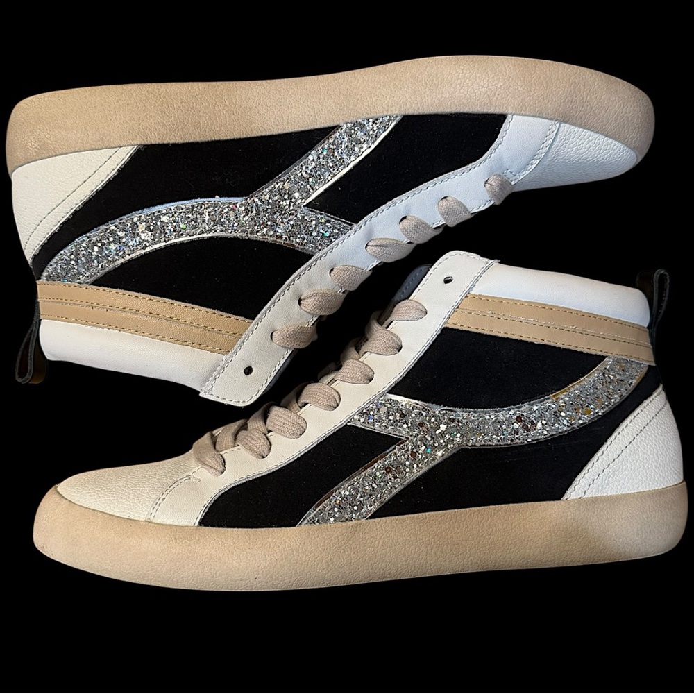 Gianni Bini Black White Glitter High-Top Sneakers with Tan Accents